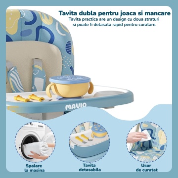 Scaun de Masa 3 in 1 pentru Bebelusi si Copii Mavio®, Model OMNY, Pliabil, 6-36 luni, Inaltime Reglabila, Centura de Siguranta in 5 Puncte, Tavita Reglabila si Detasabila, Roti Transport, Spatiu Depozitare, Usor de Curatat, Greutate Maxima 25kg, Albastru - Img 5