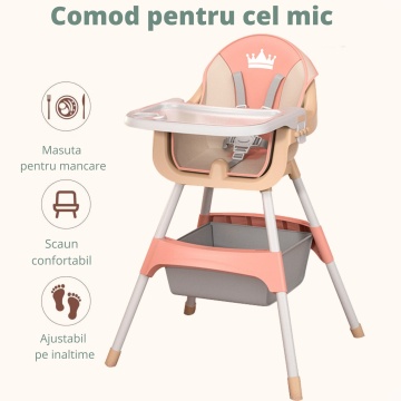 Scaun de Masa 3in1 pentru Bebelusi si Copii, Varsta 6-72 luni, Inaltime Ajustabila, Centura de Siguranta in 5 Puncte, Tavita Reglabila si Detasabila, Loc pentru Depozitare, Roz - Img 2