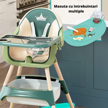 Scaun de Masa 3in1 pentru Bebelusi si Copii, Varsta 6-72 luni, Inaltime Ajustabila, Centura de Siguranta in 5 Puncte, Tavita Reglabila si Detasabila, Loc pentru Depozitare, Verde - Img 4