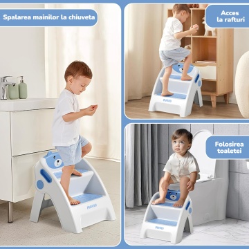 Scaunel Copii Mavio®, Model Little Bear, Scara cu Suprafata Antialunecare, Inaltator WC in Doua Trepte, Maner Transport, Taburet Pliabil pentru Baie, Toaleta, Chiuveta, Bucatarie, Greutate Suportata 68kg, Albastru - Img 4
