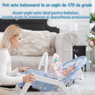 Balansoar Multifunctional 4 in 1, Ergonomic, Spatar Reglabil in Trei Trepte, Jucarii Detasabile, Centura de Siguranta, Masuta Retractabila, Husa Detasabila si Lavabila, Greutate Suportata 25 kg, Albastru - Img 9