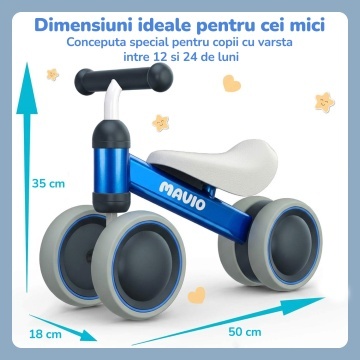 Bicicleta de Echilibru Mavio®, Pentru Copii 12-24 Luni, Greutate Maxima 15 kg, Cadru din Otel Carbon, Roti EVA + PP, Sa Confortabila, Ghidon Stabil, Design Usor si Compact, Ajuta la Dezvoltarea Echilibrului si Coordonarii, Culoare Albastru - Img 5