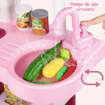 Bucatarie Multifunctionala Completa pentru Copii, Interactiva, 53 de Piese, cu Lumini si Sunete Realiste, Chiuveta cu Circuit de Apa, Cuptor, Plita, Simulare Gatit, 74 cm Inaltime, Culoare Roz - Img 4