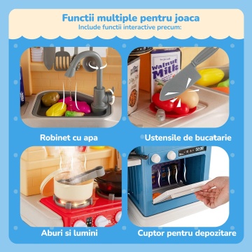 Bucatarie pentru Copii Mavio®, Simulare Gatit, Chiuveta cu Circuit Apa, Aragaz cu Aburi, Hota Interactiva, 77 piese, Inaltime 83, Lumini si Sunete Realiste, Ustensile Preparare Mancare, Albastru - Img 5
