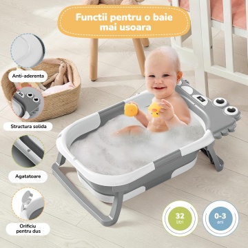 Cadita Pliabila pentru Bebelusi Mavio®, Model Little Dino, 0 - 36 Luni, 32 Litri, 63 cm, Perna de Baie Hipoalergenica, Termometru Incorporat, Suport Cap de Dus, Dop Scurgere, Picioare Antiderapante, Gaura Agatare, Gri - Img 2