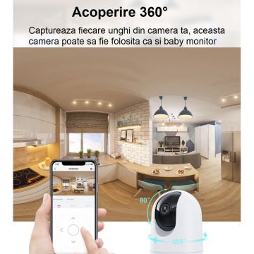 Camera de Supraveghere si Baby Monitor, 3MP, Wi-Fi 2 Ghz, Rezolutie 2K, Detectarea Miscarii, Interior, Card de Memorie 32 GB Inclus, Audio Bidirectional, Filmare Selectiva, Unghi Captare 360° - Img 2
