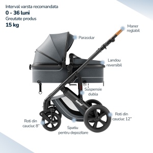 Carucior 3 in 1 pentru Bebelusi Mavio® Adventure, Landou Reversibil, Scoica Copii, Roti cu Suspensie, Greutate Maxima 25 kg, Pliabil, Tip Troller, Centura, 0 - 36 luni, Gri - Img 4