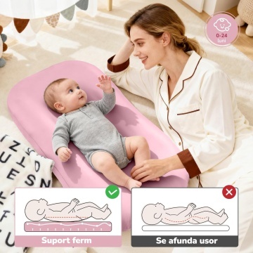 Cosulet Bebelus pentru Dormit Mavio®, Baby Lounger, Pentru Bebelusi 0-12 Luni, Material 100% Bumbac, Design Ergonomic, Spatiu Confortabil pentru Odihna si Relaxare, Usor de Folosit Acasa sau in Calatorii, Roz - Img 6