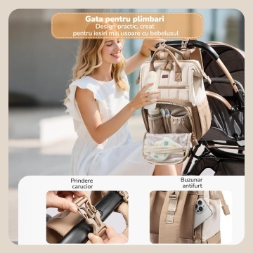 Geanta pentru Bebelusi Mavio®, 31 L, 17 Buzunare, Rucsac cu Buzunare Termoizolante, Buzunar Impermeabil, Buzunar Servetele Umede, Prindere Carucior, Buzunar Antifurt, Salteluta de Schimb, Bej - Img 5