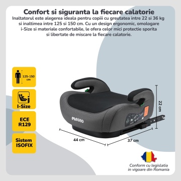 Inaltator Auto pentru Bebelusi si Copii Mavio®, Model RideUp Plus, ISOFIX, Certificat R129, i-Size, Cotiere, 125-150cm, Gri Inchis - Img 3