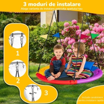 Leagan Circular pentru Copii si Adulti Mavio®, Diametru 100 cm, Interior si Exterior, Tip Cuib Barza, Capacitate 150 kg, Franghii Reglabile Anti Rasucire, Cadru din Otel Galvanizat, Material Oxford Rezistent, Perna Inclusa, Montaj Rapid, Multicolor - Img 2