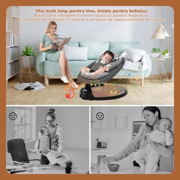 Leagan Electric Mavio®, Balansoar Bebelusi 0-9 luni, Copertina Detasabila, Plasa Tantari, Bara Jucarii, Functie Temporizator, 5 Trepte, Telecomanda, Bluetooth, Centura de Siguranta, Control Tactil, 10 Melodii, Greutate Suportata 9 kg, Negru - Img 5