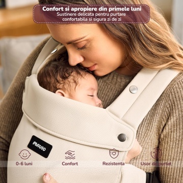 Marsupiu Ergonomic pentru Bebelusi Mavio®, 0-9 Luni, 3.2-11 Kg, Air Mesh Respirabil, Suport pentru Spate si Solduri, Bretele Incrucisate, Catarame Sigure, Protectie UV Ajustabila, Suport Captusit pentru Gat, Pozitie Ergonomica M si C, Bej - Img 3