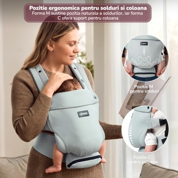 Marsupiu Ergonomic pentru Bebelusi Mavio®, 0-9 Luni, 3.2-11 Kg, Air Mesh Respirabil, Suport pentru Spate si Solduri, Bretele Incrucisate, Catarame Sigure, Protectie UV Ajustabila, Suport Captusit pentru Gat, Pozitie Ergonomica M si C, Verde Mint - Img 7