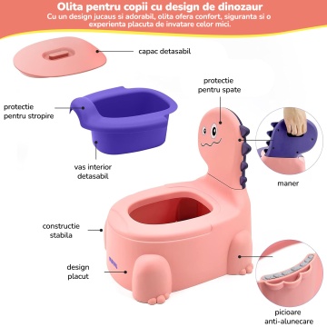 Olita pentru Copii Mavio®, Model Dinozaur, Colac Moale, Design Ergonomic, Non-Toxic, Varsta 1-6 Ani, Compartiment Detasabil, Maner Transport, Usor de Curatat, Picioare Anti-derapante, Roz - Img 2