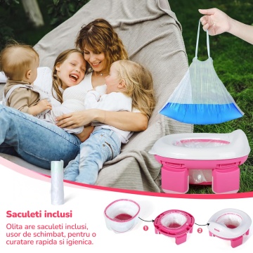 Olita Portabila Copii Mavio®, Reductor WC Pliabil, Saculeti Inclusi, Husa Transport, Capac, Varsta 1-3 Ani, Usor de Curatat, Fara BPA, Picioare Anti-derapante, Roz - Img 4