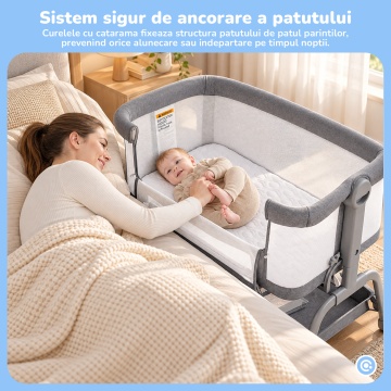 Patut Co-Sleeper Mavio®, pentru Bebelusi 0-6 Luni, Greutate Maxima 15 kg, 6 Trepte de Reglare a Inaltimii 43-57 cm, Laterale din Plasa 360°, Cadru Rezistent din Fier, Material din Tesatura de In, Gri - Img 7