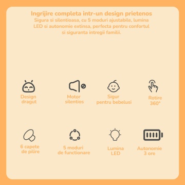 Pila Electrica de Unghii pentru Bebelusi si Copii Mavio®, Model Ratusca, 5 Viteze, Motor Silentios, Lumina LED, 6 Capete Interschimbabile, Cablu Type-C Inclus, Galben - Img 3