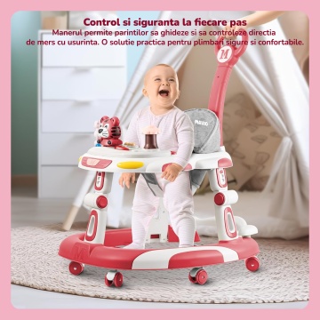 Premergator Copii 2 in 1 Mavio®, Model EasyRide, Rotobil pentru Bebelusi, Mod Antemergator, Varsta Recomandata 6-36 Luni, Maner, Pliabil, Inaltime Ajustabila, Jucarii Interactive, Anti Cadere, Roti 360 Grade, Masuta Mancare Bebe, Tavita cu Sunete, Roz - Img 7