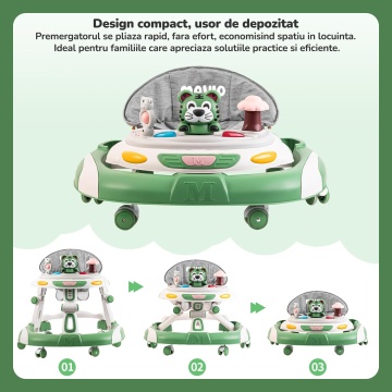 Premergator Copii 2 in 1 Mavio®, Model EasyRide, Rotobil pentru Bebelusi, Mod Antemergator, Varsta Recomandata 6-36 Luni, Maner, Pliabil, Inaltime Ajustabila, Jucarii Interactive, Anti Cadere, Roti 360 Grade, Masuta Mancare Bebe, Tavita cu Sunete, Verde - Img 2
