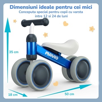 Resigilat - Bicicleta de Echilibru Mavio®, Pentru Copii 12-24 Luni, Greutate Maxima 15 kg, Cadru din Otel Carbon, Roti EVA + PP, Sa Confortabila, Ghidon Stabil, Design Usor si Compact, Ajuta la Dezvoltarea Echilibrului si Coordonarii, Culoare Albastru - Img 5