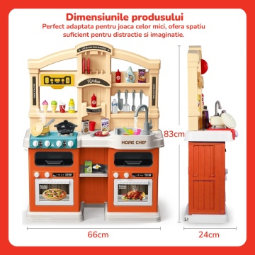 Resigilat - Bucatarie pentru Copii Mavio®, Simulare Gatit, Chiuveta cu Circuit Apa, Aragaz cu Aburi, Hota Interactiva, 77 piese, Inaltime 83, Lumini si Sunete Realiste, Ustensile Preparare Mancare, Portocaliu - Img 4