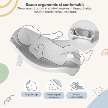 Resigilat - Cadita Pliabila pentru Bebelusi Mavio®, Model BabySpa, Reductor Ergonomic, Termometru Digital Incorporat, 0–36 Luni, 40L Capacitate, 83 cm, Dop Scurgere, Suport Dus, Picioare Antiderapante, Design Compact, Gri - Img 6