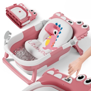 Resigilat - Cadita Pliabila pentru Bebelusi Mavio®, Model Little Dino, 0 - 36 Luni, 32 Litri, 63 cm, Perna de Baie Hipoalergenica, Termometru Incorporat, Suport Cap de Dus, Dop Scurgere, Picioare Antiderapante, Gaura Agatare, Roz (Copy 1)