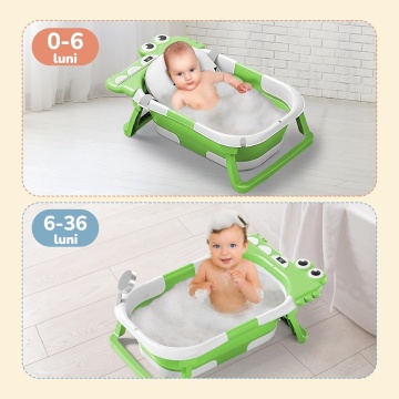 Resigilat - Cadita Pliabila pentru Bebelusi Mavio®, Model Little Dino, 0 - 36 Luni, 32 Litri, 63 cm, Perna de Baie Hipoalergenica, Termometru Incorporat, Suport Cap de Dus, Dop Scurgere, Picioare Antiderapante, Gaura Agatare, Verde - Img 7