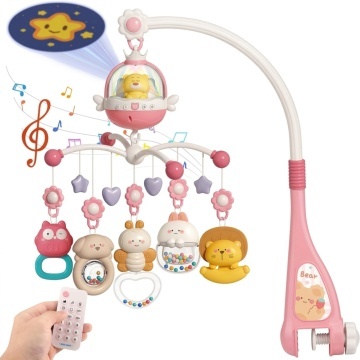 Resigilat - Carusel Muzical pentru Patut Mavio®, Model Little Bear, Proiector Lumini pentru Bebelusi, Sunete Albe & Cantece de Leagan, Telecomanda, Temporizator 20/40/60 min, 0+ luni, ABS Non-Toxic, Roz