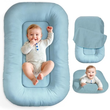 Resigilat - Cosulet Bebelus pentru Dormit Mavio®, Baby Lounger, Pentru Bebelusi 0-12 Luni, Material 100% Bumbac, Design Ergonomic, Spatiu Confortabil pentru Odihna si Relaxare, Usor de Folosit Acasa sau in Calatorii, Albastru