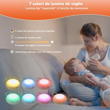 Resigilat - Dispozitiv Sunete Albe Portabil Mavio® pentru Bebelusi si Adulti, 24 Sunete Relaxante, 2 Functii Inregistrare, Bluetooth, 7 Culori Ambientale, Baterie Reincarcabila 2000 mAh, Difuzor 3W, Temporizator 30/60/90 min, Lumina de Noapte, Alb - Img 4