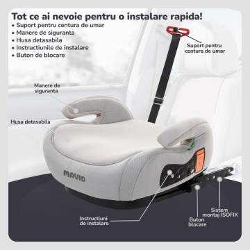 Resigilat - Inaltator Auto pentru Bebelusi si Copii Mavio®, Model RideUp Plus, ISOFIX, Certificat R129, i-Size, Cotiere, 125-150cm, Gri Deschis - Img 3