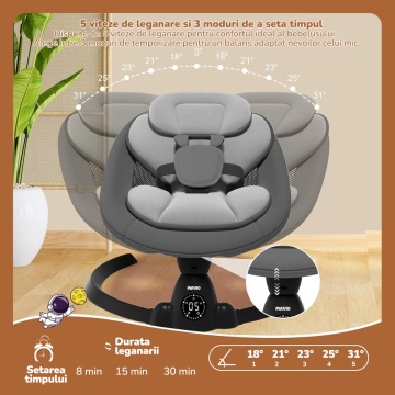 Resigilat - Leagan Electric Mavio®, Balansoar Bebelusi 0-9 luni, Copertina Detasabila, Plasa Tantari, Bara Jucarii, Functie Temporizator, 5 Trepte, Telecomanda, Bluetooth, Centura de Siguranta, Control Tactil, 10 Melodii, Greutate Suportata 9 kg, Negru - Img 3