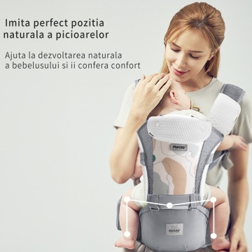 Resigilat - Marsupiu Bebe Mavio®, Ergonomic, Multifunctional cu 6 Pozitii de Purtare, Rucsac sau Frontal, intre 0 si 36 de luni, Reglabil, Greutate Maxima 14.9 kg, Extensie Sold, Protectie Cap, Bumbac si Poliester, Buzunar Depozitare, Gri - Img 8