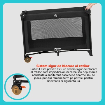 Resigilat - Patut Bebelusi Mavio®, Model Nova, Pliabil pentru Copii 0-36 luni, Portabil, 122x66 cm, Greutate Maxima 15 kg, Plasa Elastica, Geanta Transport Calatorie, Roti cu Sistem Blocare, Saltea Inclusa 120x60 cm - Img 6