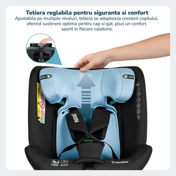 Resigilat - Scaun Auto Bebelusi Mavio®, Model Traveler, 40-150 cm, Rotatie 360 de grade, ISOFIX, Copii intre 0 - 12 ani, Omologat i-Size R129, Negru/ Albastru - Img 6