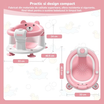 Resigilat - Scaun de Baie pentru Bebelusi Mavio®, Model Little Bear, Sistem Blocare, Varsta 6 luni+, Practic, Usor de Folosit, 4 Ventuze Fixare, Gauri Scurgere, Sezut si Spatar Confortabile, Materiale Sigure, Roz - Img 6