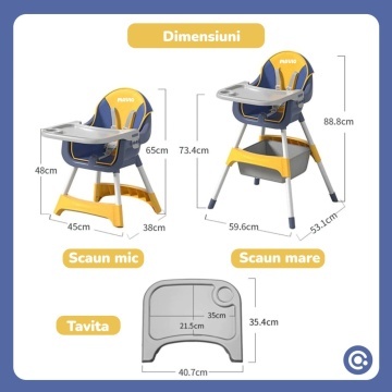 Resigilat - Scaun de Masa 3in1 pentru Bebelusi si Copii Mavio®, Model Petite, Varsta 6-36 luni, Inaltime Ajustabila, Centura de Siguranta in 5 Puncte, Tavita Reglabila si Detasabila, Loc pentru Depozitare, Albastru - Img 8