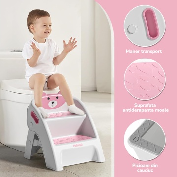 Resigilat - Scaunel Copii Mavio®, Model Little Bear, Scara cu Suprafata Antialunecare, Inaltator WC in Doua Trepte, Maner Transport, Taburet Pliabil pentru Baie, Toaleta, Chiuveta, Bucatarie, Greutate Suportata 68kg, Roz - Img 2