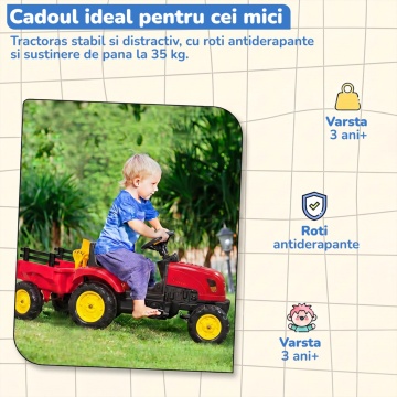 Resigilat - Tractor cu Pedale Copii Mavio®, cu Remorca Detasabila, Lopatica si Grebla Incluse, Volan, Roti Antiderapante, Cadru Stabil, Suporta pana la 35 kg, Varsta Recomandata 3 ani+, Rosu - Img 6