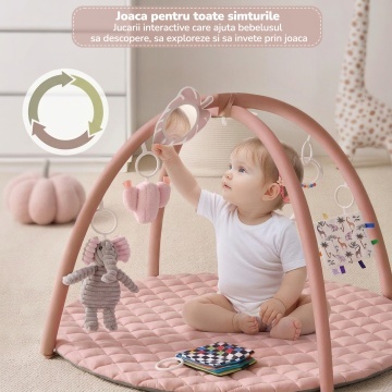 Saltea Activitati Mavio®, Centru de Joaca pentru Bebelusi 0-36 Luni, Arcada cu Jucarii Suspendate, Joc de Dezvoltare Multi-Mod, Stimulare Senzoriala, Jucarii Multiple, Dimensiune 85 x 85 x 50 cm, Roz - Img 2