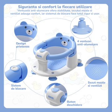 Scaun de Baie pentru Bebelusi Mavio®, Model Little Bear, Sistem Blocare, Varsta 6 luni+, Practic, Usor de Folosit, 4 Ventuze Fixare, Gauri Scurgere, Sezut si Spatar Confortabile, Materiale Sigure, Albastru - Img 3