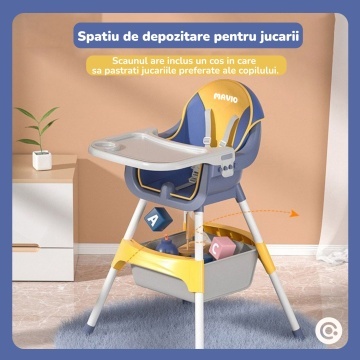 Scaun de Masa 3in1 pentru Bebelusi si Copii Mavio®, Model Petite, Varsta 6-36 luni, Inaltime Ajustabila, Centura de Siguranta in 5 Puncte, Tavita Reglabila si Detasabila, Loc pentru Depozitare, Albastru - Img 5