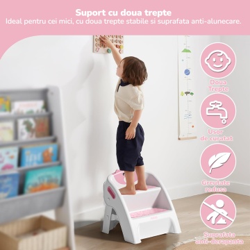 Scaunel Copii Mavio®, Model Little Bear, Scara cu Suprafata Antialunecare, Inaltator WC in Doua Trepte, Maner Transport, Taburet Pliabil pentru Baie, Toaleta, Chiuveta, Bucatarie, Greutate Suportata 68kg, Roz - Img 7