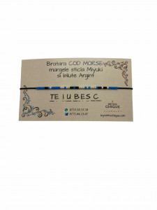 Bratara cod morse "Te iubesc" albastra cu bilute de argint