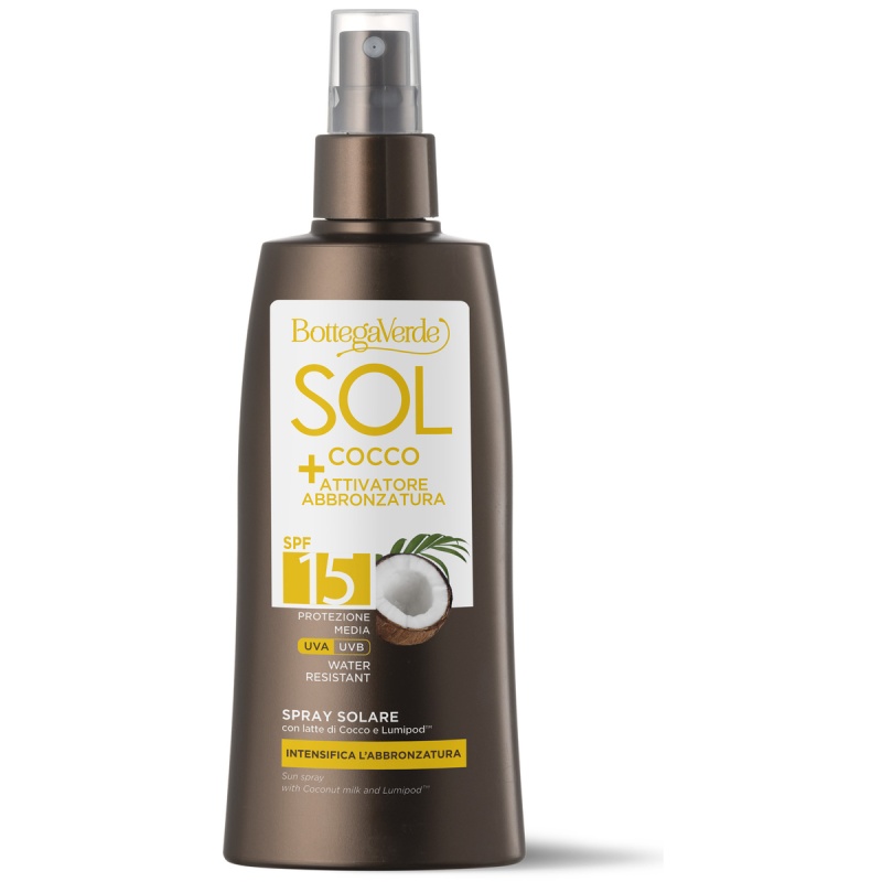 Spray de corp pentru intensificarea bronzului, cu lapte de cocos si Lumipod, rezistent la apa, SPF15, 200 ML