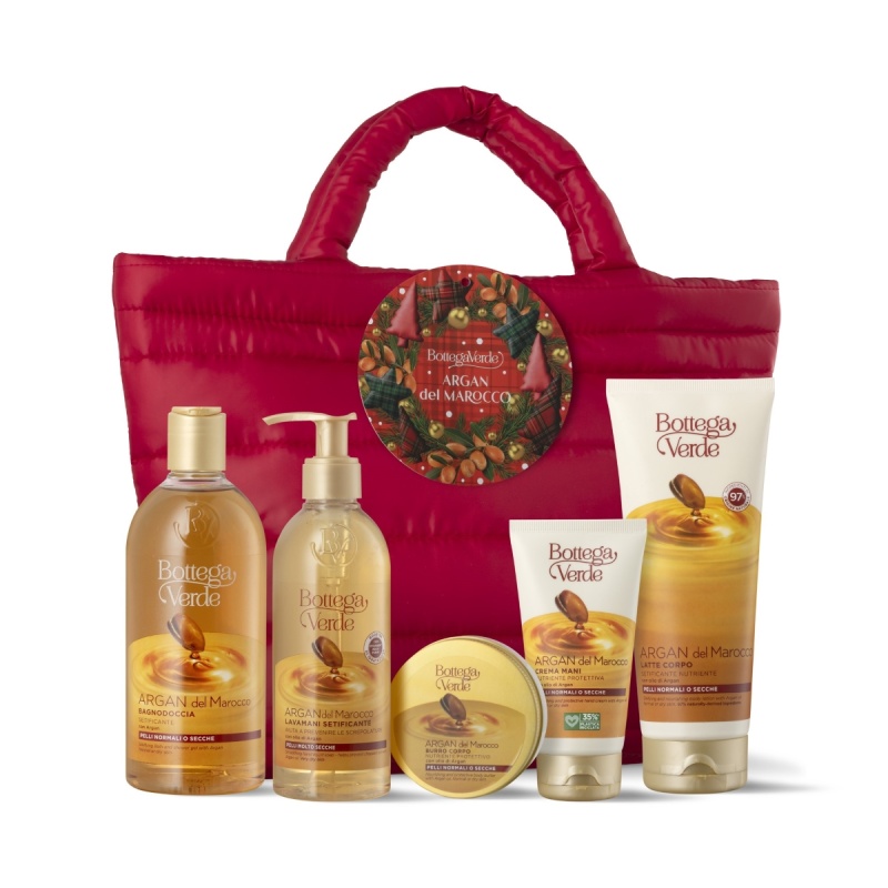 Set cadou ingrijire completa corp, cu extract de argan,in ambalaj textil - Argan del Marocco, 200 ML, 250 ML, 400 ML, 50 ML, 75 ML