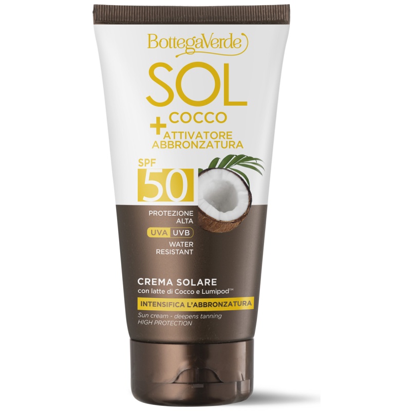 Crema pentru intensificarea bronzului, cu lapte de cocos si Lumipod, rezistent la apa, SPF50, 150 ML