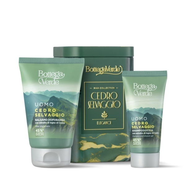 Set cadou barbati, ingrijire corp si barba, cu extract de lemn de cedru, in cutie metalica, Cedro Selvaggio, 75 ML, 50 ML